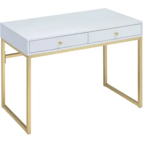 2 Drawer Wooden Desk With Sled Base, White And Gold By Benzara