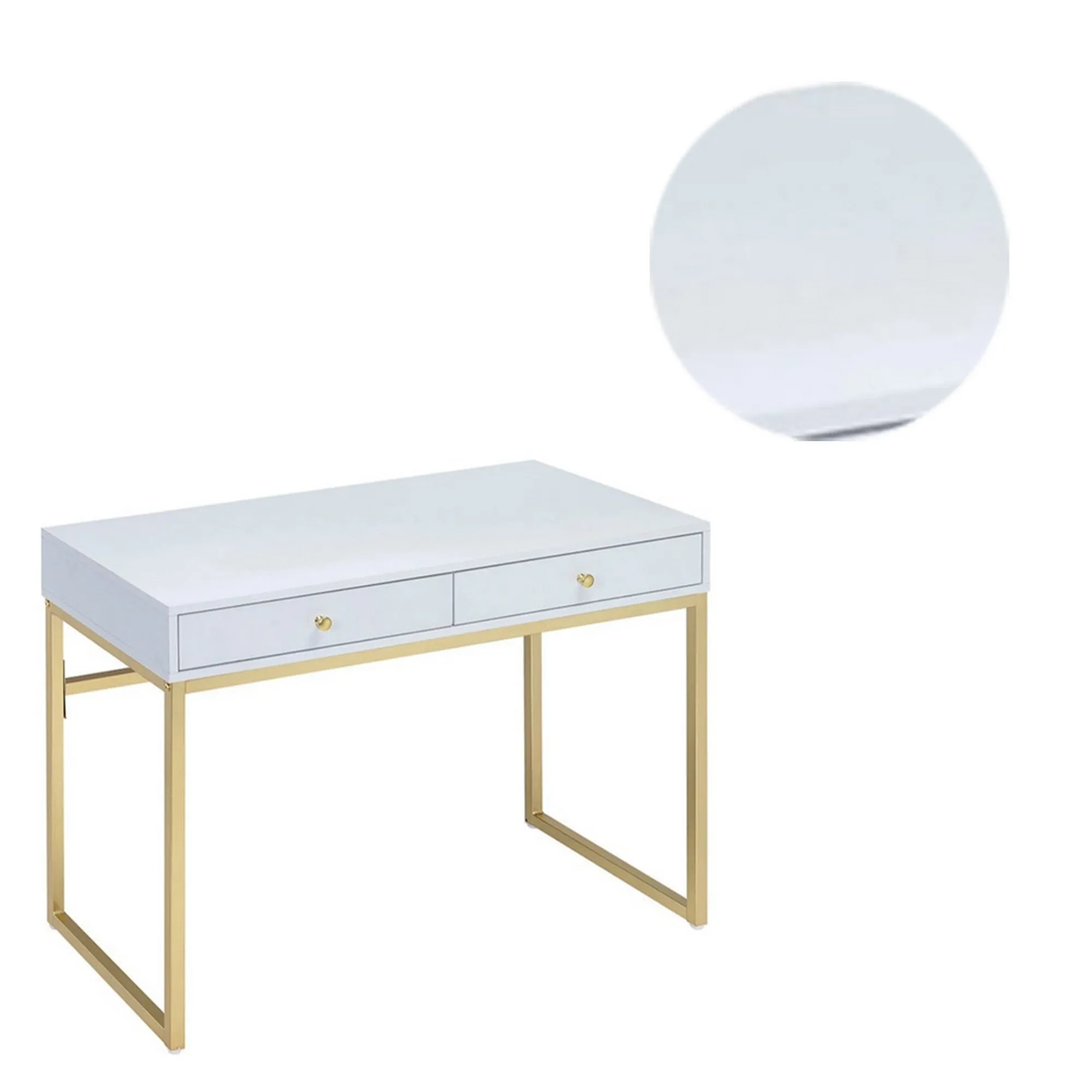 2 Drawer Wooden Desk With Sled Base, White And Gold By Benzara