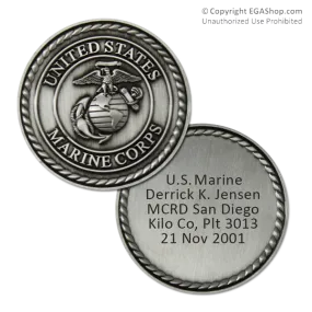 Achievement Coin, Silver: Custom Engraved Marine Corps Coin