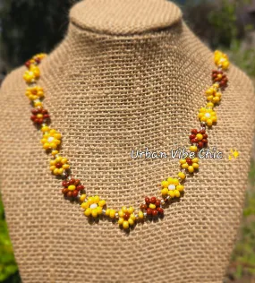 Brown & Yellow Daisy Beaded Necklace |Flower Bead Bead Necklace | Urban Vibe Chic | Seed Bead Jewelry