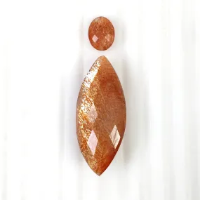 Chatoyant ORANGE SUNSTONE Gemstone Checker Cut : 32.70cts Natural Untreated Sunstone Oval Marquise Shape 11*8mm - 37*15.5mm 2pcs (With Video)