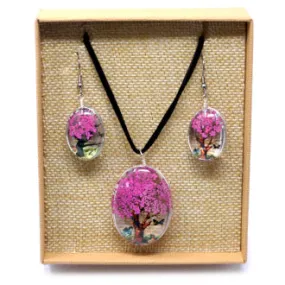 Conjunto Colgante y Pendientes Flores Prensadas Arbol de la Vida ROSA BRILLANTE