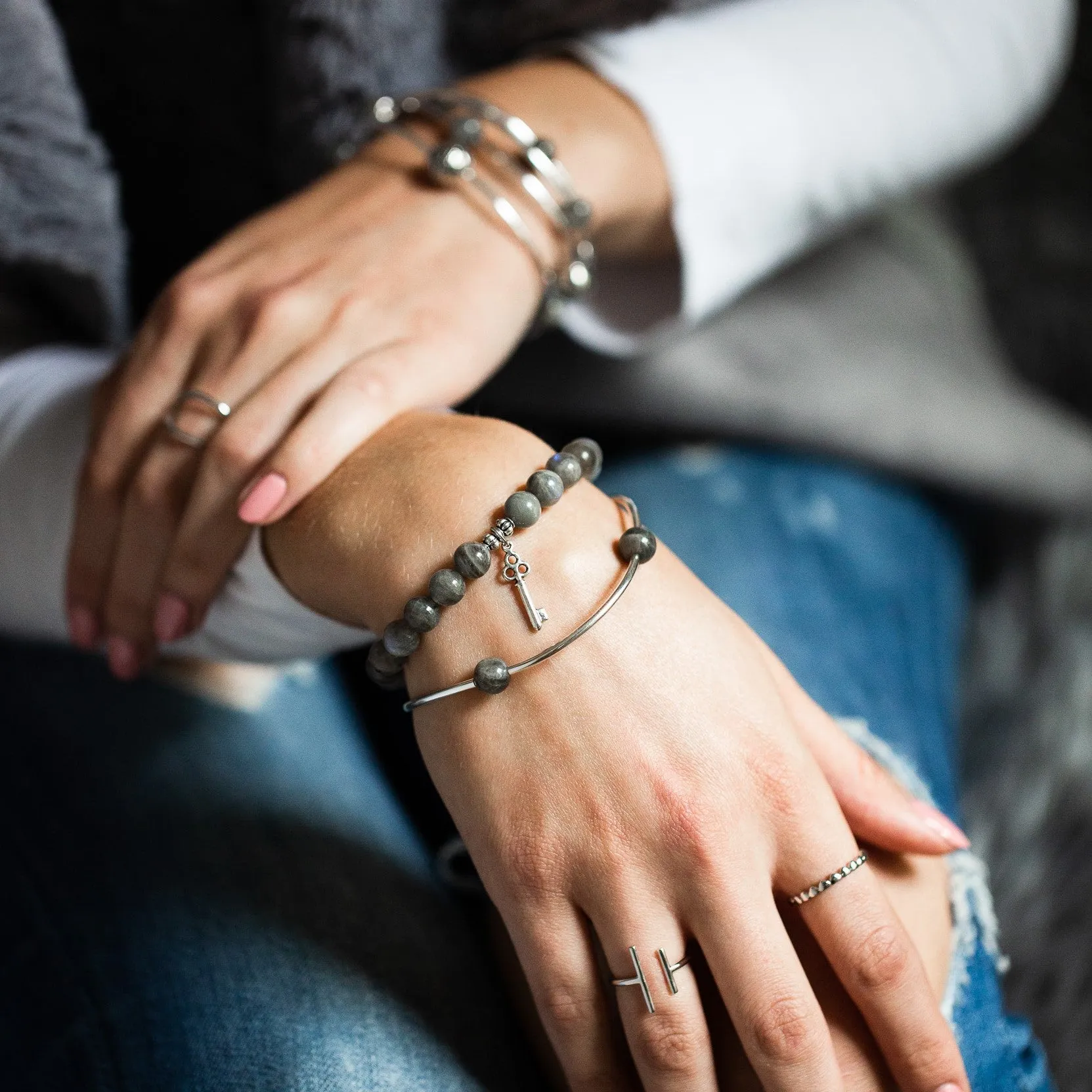 Lotus | Stone Beaded Charm Bracelet | Labradorite