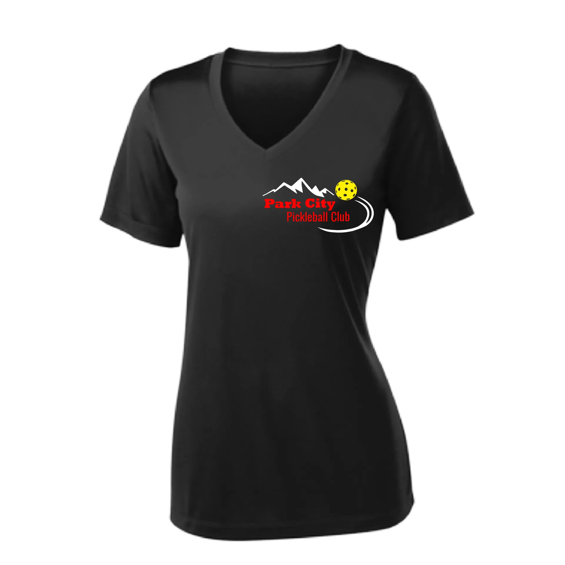 Park City Pickleball Club (Red Words) Customizable | Women's Short Sleeve V-Neck Pickleball Shirts | 100% Polyester