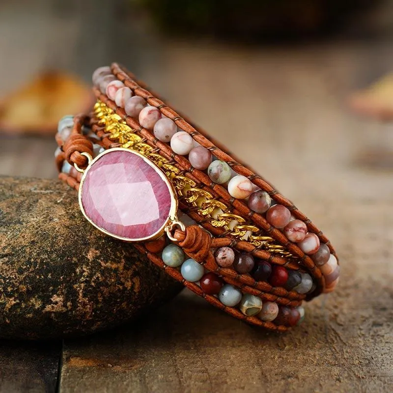 Rhodonite Charm & Mixed Crystals Wrap Bracelet