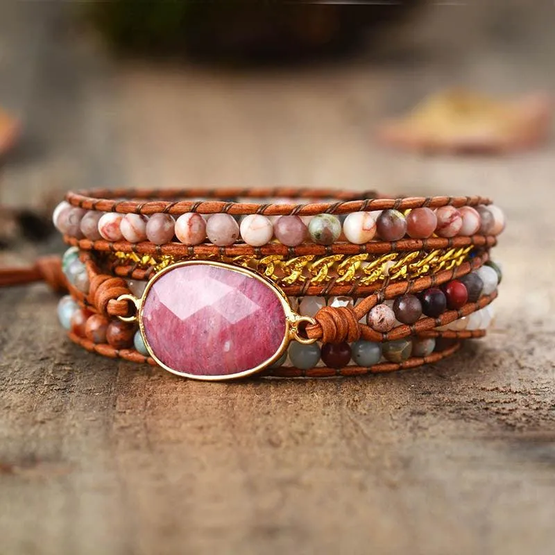 Rhodonite Charm & Mixed Crystals Wrap Bracelet