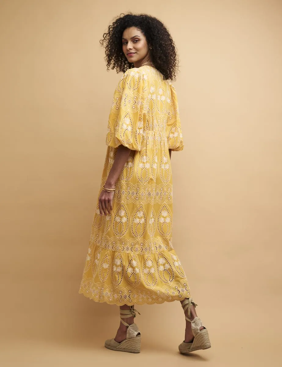 Yellow Broderie Anglaise Nora Midaxi Dress